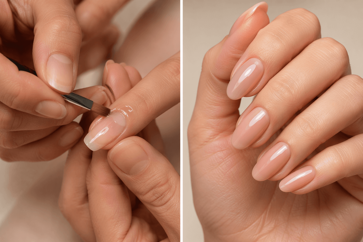 A manicurist brushing a sheer builder gel over a natural nail under a lamp, with a finished short almond overlay shown beside the working hand.