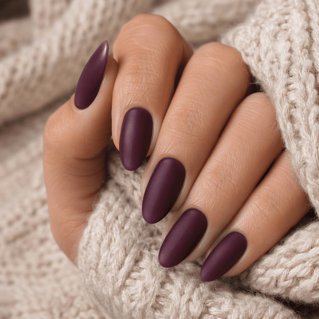 Medium almond builder gel nails in a deep autumnal plum with a satin finish.