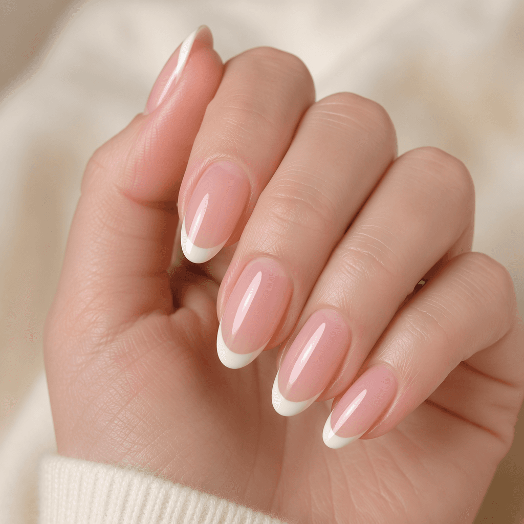 Medium almond builder gel nails with a classic French manicure: sheer pink base and crisp white smile line.