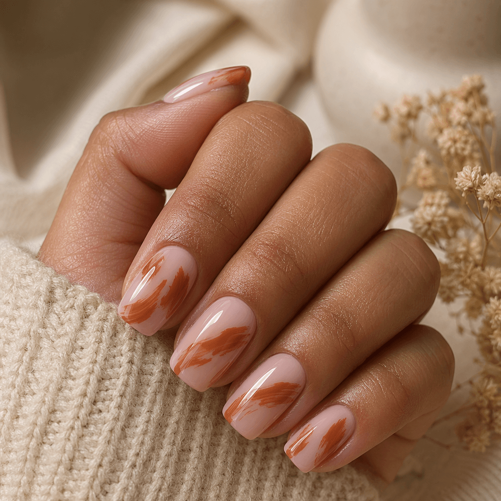 Medium squoval builder gel nails with a nude base and abstract burnt-orange brush strokes.
