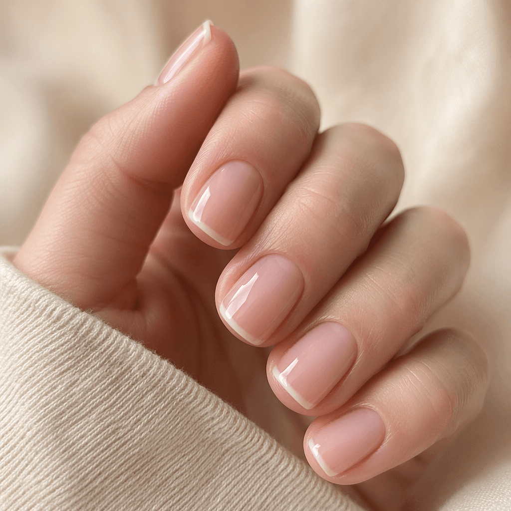 Short square builder gel nails with a thin micro French line in soft white.