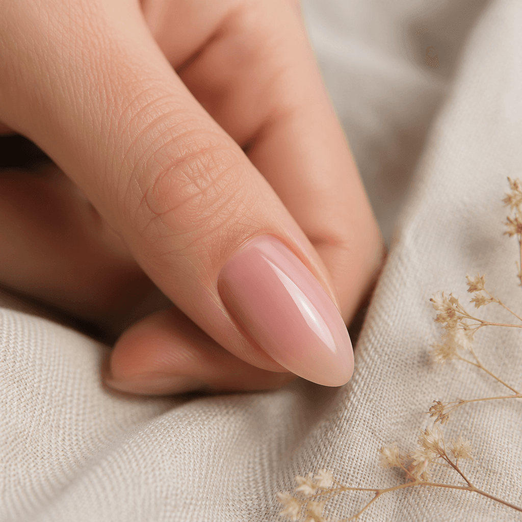 Short almond-shaped builder gel nails with a sheer nude pink finish, photographed on a fair-skinned hand resting on a linen background.