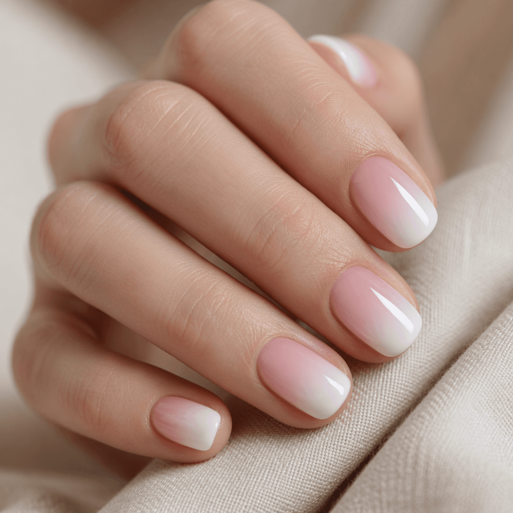 Short round builder gel nails with a soft pink baby-boomer fade at the cuticle.